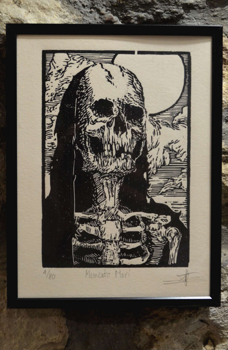 "Memento Mori", xylogravure, série limitée à 80 exemplaires, 11x16 sur un papier d'art 15x20cm. 30 euros.