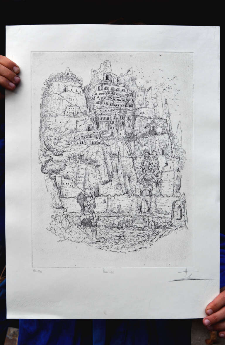 "Les Ruines", estampe fantastique, limitée et numérotée. Encre CHARBONNEL sur papier ARCHES Velin BFK Rives. 40x54cm. 300 euros.