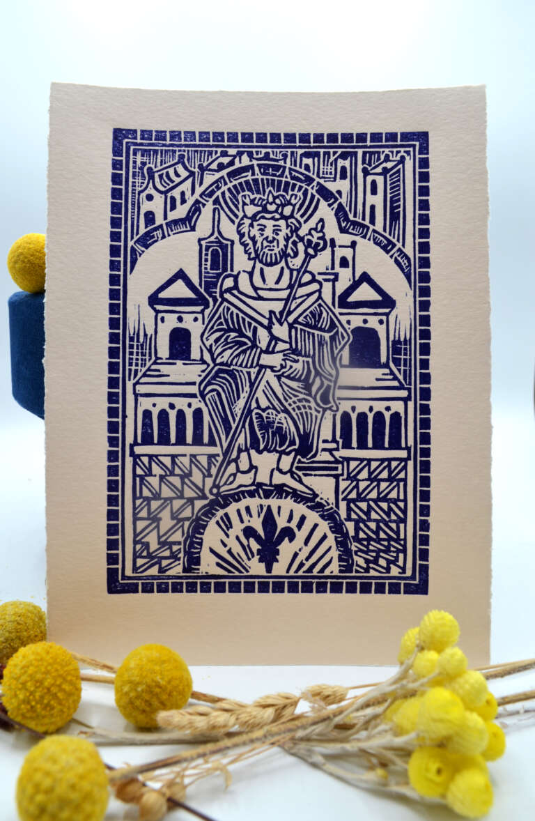 "Saint Louis", gravure sur bois, encre traditionnelle sur papier d'art. 50 exemplaires. 15x20cm. 30 euros.